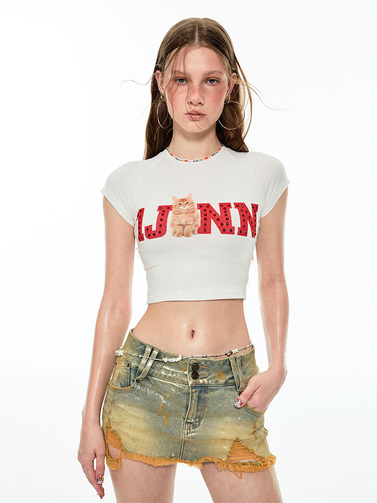 1JINN STUDIO Denim Mini Skirt with Gold Foil Stamping