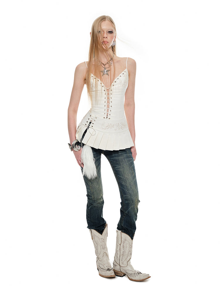 1JINN STUDIO Leather Pleated Patchwork Waistband