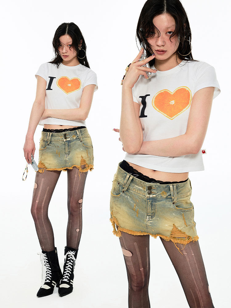 1JINN STUDIO Denim Mini Skirt with Gold Foil Stamping