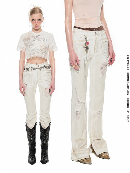 1JINN STUDIO Jeans with Gold Foil Stamping and Ripped Holes