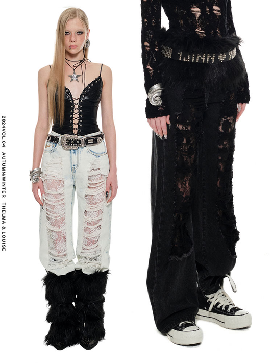 1JINN STUDIO Ripped Lace Jeans