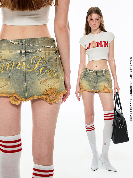 1JINN STUDIO Denim Mini Skirt with Gold Foil Stamping