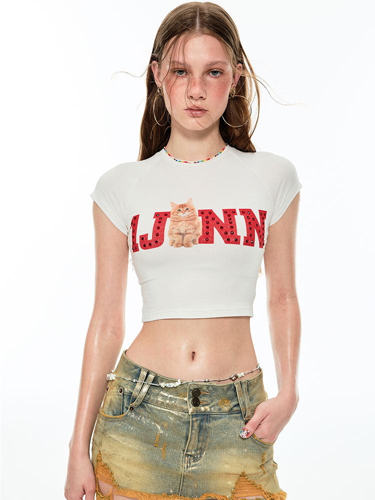 1JINN STUDIO Rhinestone-Studded Fitted Print T-shirt