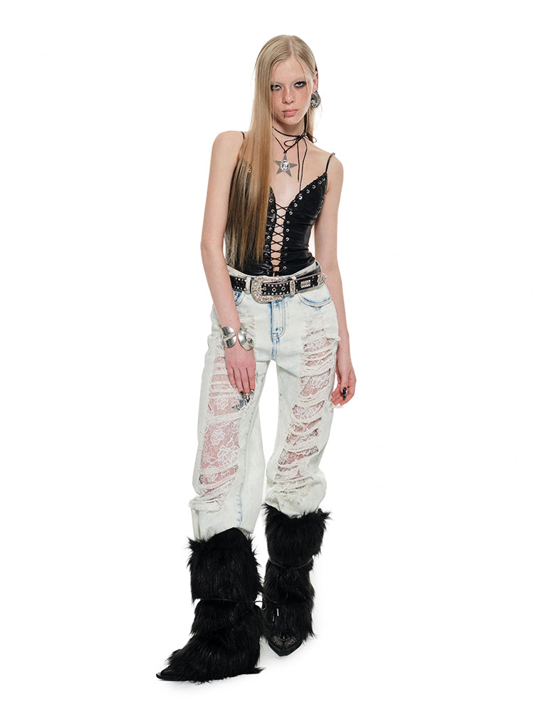 1JINN STUDIO Ripped Lace Jeans