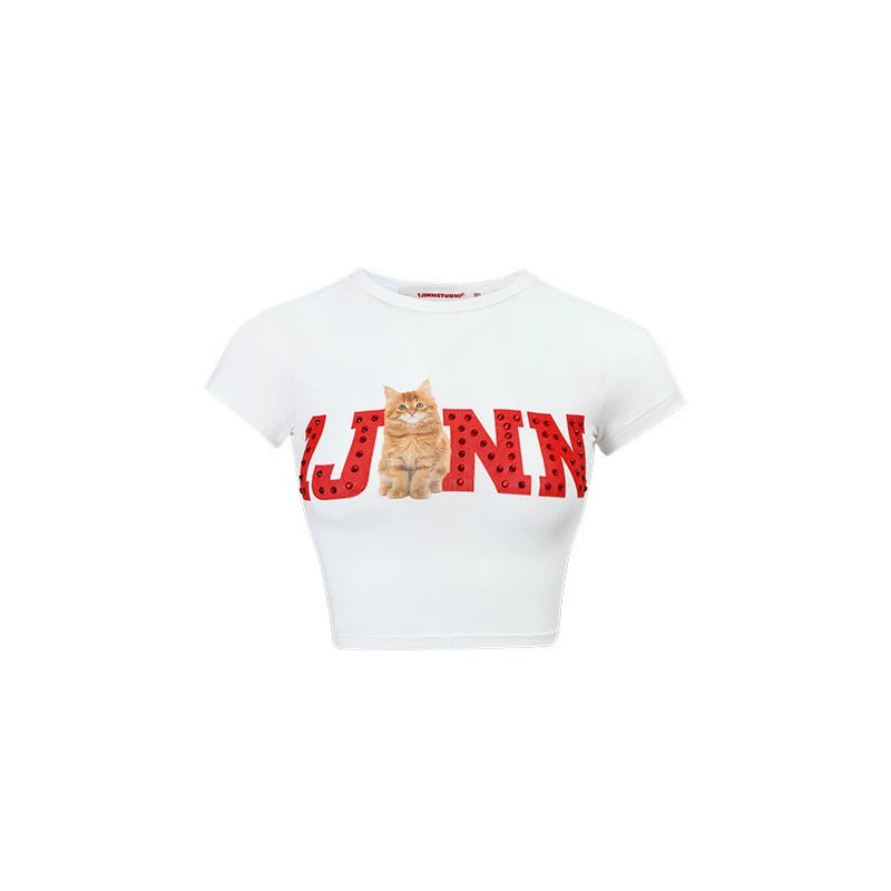 1JINN STUDIO Rhinestone-Studded Fitted Print T-shirt