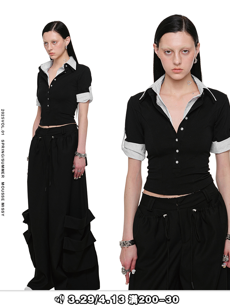 1JINN STUDIO Fake Two-Piece Patchwork Polo T-shirt