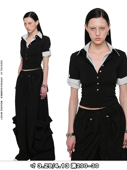 1JINN STUDIO Fake Two-Piece Patchwork Polo T-shirt
