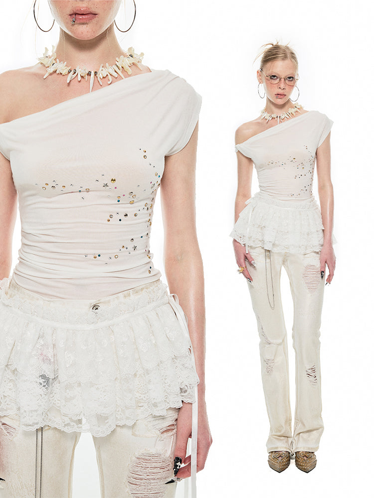 1JINN STUDIO Jeans with Gold Foil Stamping and Ripped Holes
