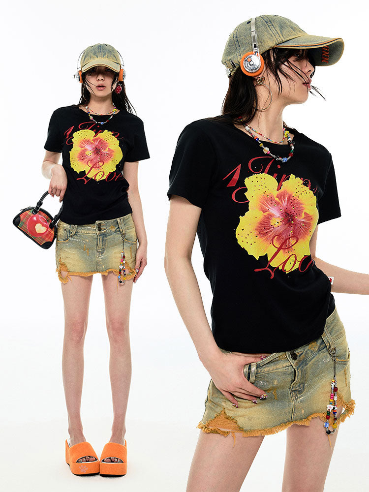 1JINN STUDIO Denim Mini Skirt with Gold Foil Stamping