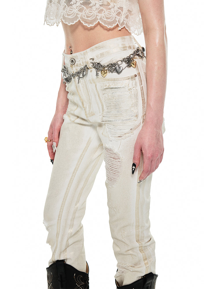 1JINN STUDIO Jeans with Gold Foil Stamping and Ripped Holes