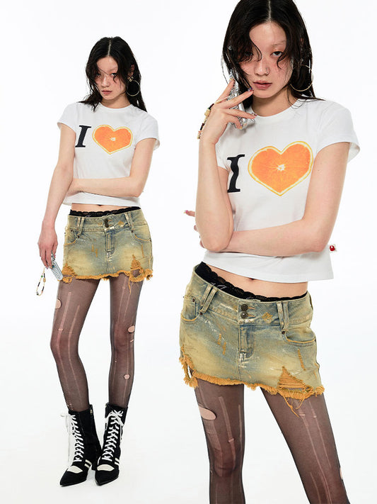 1JINN STUDIO Denim Mini Skirt with Gold Foil Stamping
